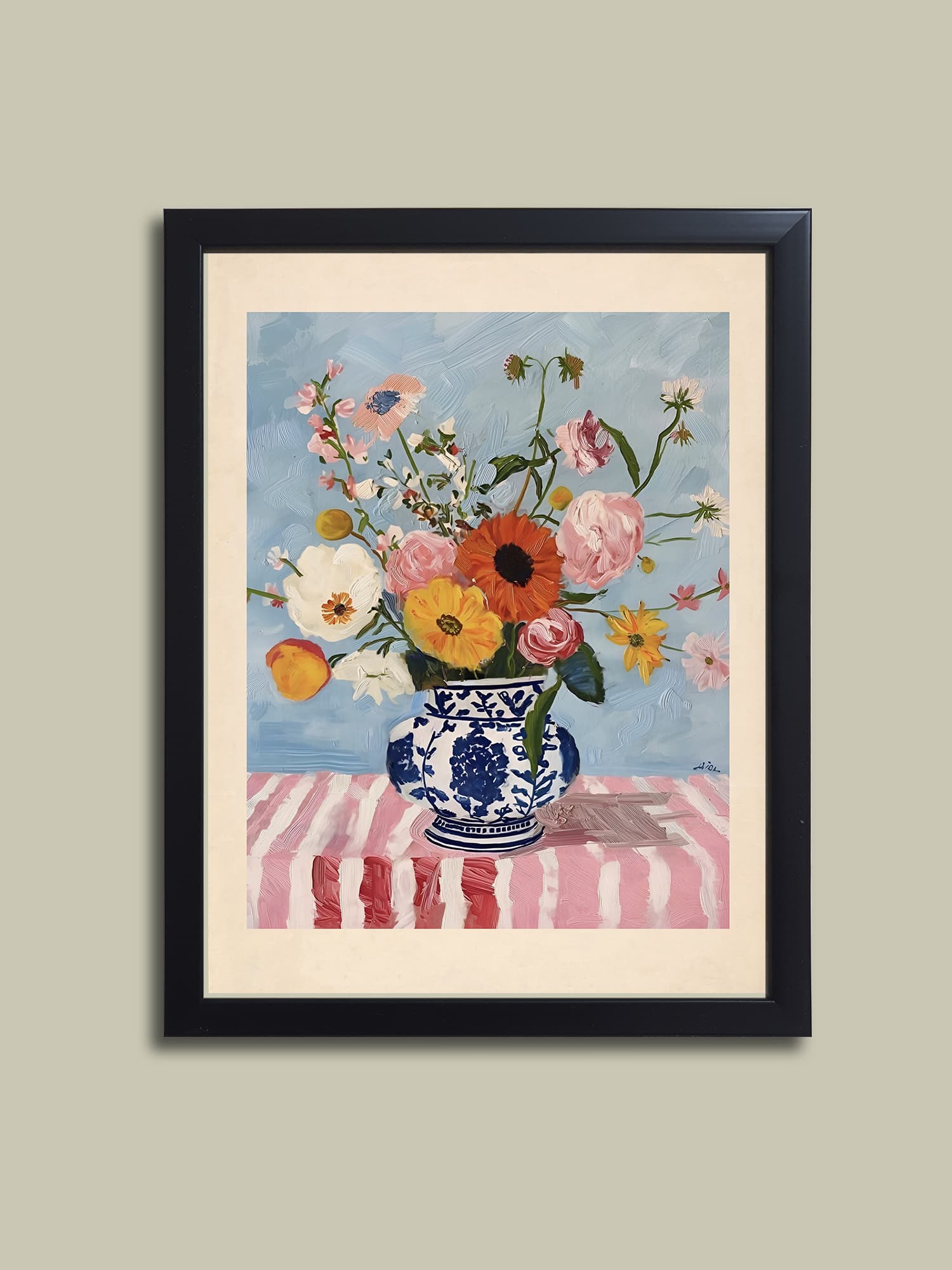 تابلو گل ها در گلدان آبی